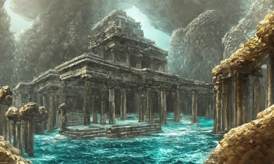 Image similar to underwater ancient greek temple, digital art, concept art, fantasy art, highly detailed, hd wallpaper, hdr, artstation, deviantart, behance