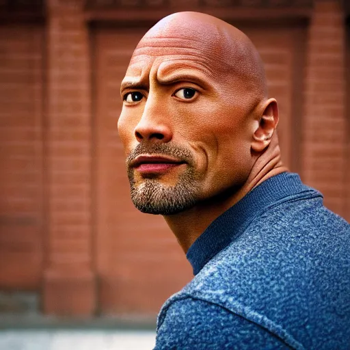 Image similar to closeup portrait of a Dwayne Johnson , new york back street , by Steve McCurry and David Lazar, natural light, detailed face, CANON Eos C300, ƒ1.8, 35mm, 8K, medium-format print