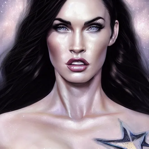 Prompt: portrait of megan fox wearing a black dress with galaxy lights and stars, sultry muscular body, fantasy, intricate, elegant, highly detailed, digital painting, artstation, concept art, matte, sharp focus, perfect face symmetry, illustration, art by aenaluck and roberto ferri and greg rutkowski, epic fantasy, digital painting