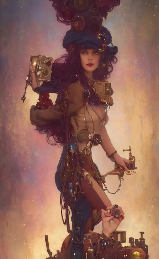 Image similar to hyper realistic photographer taking a picture, magical, gems, jewels, gold, steampunk, cyberpunk utopia, painted by tom bagshaw, mucha, gaston bussiere, craig mullins, j. c. leyendecker 8 k