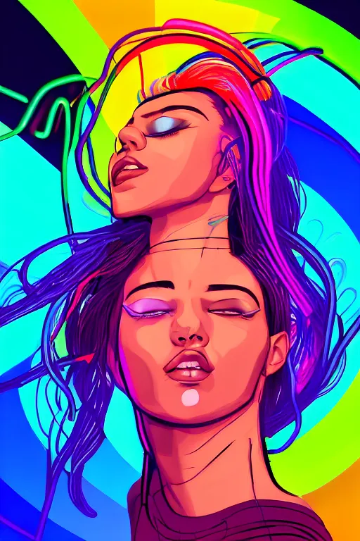 Image similar to a award winning half body portrait of a beautiful woman with stunning eyes in a croptop and cargo pants with rainbow colored ombre hairstyle head in motion and hair flying by thomas danthony, outlined by whirling illuminated neon lines, outrun, vaporware, shaded flat illustration, digital art, trending on artstation, highly detailed, fine detail, intricate