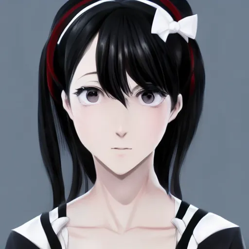 Image similar to astonishing portrait of a very beautiful anime high-school girl with black hair ponytail, white ribbon, full perfect face, realistic, highly detailed background, artstation, 120 degree view, drawn by Sasoura, Satchely and Akihiko Yoshida, no distortion