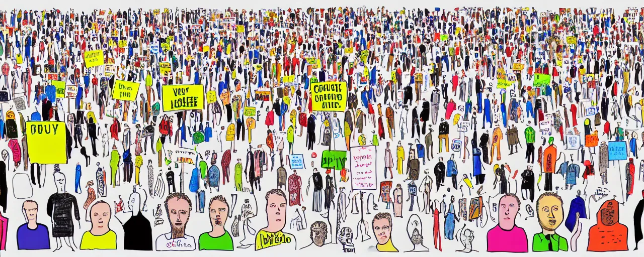 Image similar to a doodle of a crowd of very ordinary protestors with signs, front angle, by david shrigley, illustration, pen and ink, flat color, colorful drawing, facing front, anatomically correct, beautiful perfect face, sharp focus, highly detailed, cinematic lighting, 8 k, hd