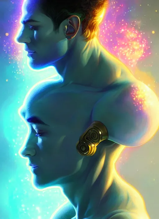 Image similar to a male faceless glowing liquefied stardust adventurer, dnd fantasy character, full body portrait, glowing neon skin, magical aura, ultra realistic, intricate, elegant, highly detailed, digital painting, artstation, smooth, sharp, focus, illustration, art by artgerm and greg rutkowski and alphonse mucha