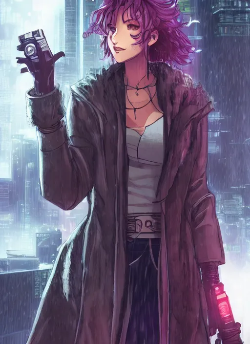 Image similar to character portrait of a cute beautiful attractive female anthro hyena fursona with long black curly hair wearing jedi robes in a cyberpunk city at night while it rains. hidari, color page, tankoban, 4K, tone mapping, Akihiko Yoshida.