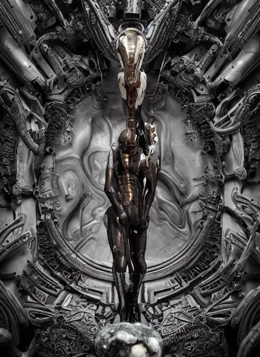 Image similar to engineer prometheus, xenomorph alien, highly detailed, symmetrical long head, smooth marble surfaces, detailed ink illustration, raiden metal gear, cinematic smooth stone, deep aesthetic, concept art, post process, 4k, carved marble texture and silk cloth, latex skin, highly ornate intricate details, prometheus, evil, moody lighting, hr geiger, hayao miyazaki, indsutrial Steampunk