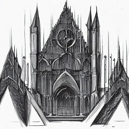 Prompt: Concept art for isometric cathedral, black ink on vellum paper, in the style of Charles Robert Cockerell