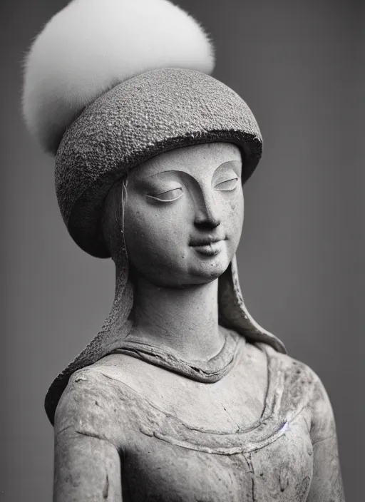 Prompt: realistic photo of a a medieval antique old wooden sculpture of a girl dressed white spherical fluffy hat helmet, greyscale 1 9 9 0, life magazine photo, natural colors, metropolitan museum, kodak