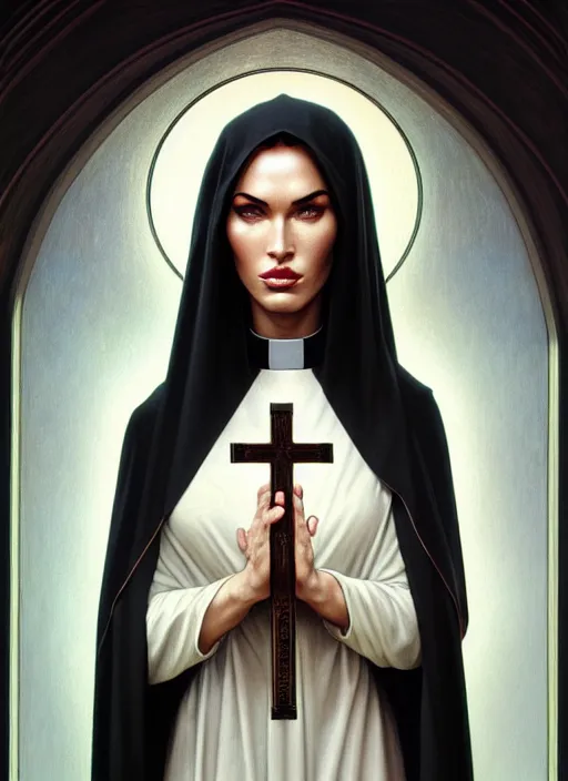 Image similar to portrait of megan fox as nun, bible, catholic, religion, cross, praying, intricate, headshot, highly detailed, digital painting, artstation, concept art, sharp focus, cinematic lighting, illustration, art by artgerm and greg rutkowski, alphonse mucha, cgsociety