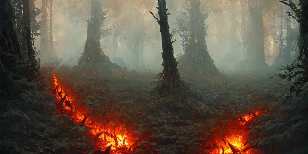 Image similar to A flaming forest , flaming leaves,Magma,flame stones are scattered, flame ferns, flame shrubs, huge flame Fantasy plant,covered in flame porcelain vine, artstation,by Jakub Rozalski, Greg Rutkowski,anthony avon