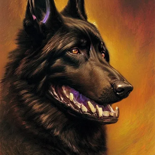 Prompt: a portrait of black german shepherd beast - man, star trek the next generation. highly detailed painting by gaston bussiere, craig mullins, j. c. leyendecker