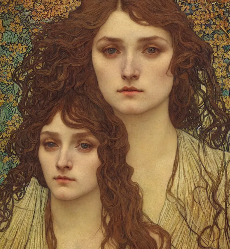 Image similar to detailed realistic beautiful young medieval queen face portrait by jean delville, alphonse mucha, vincent van gogh, and marco mazzoni, art nouveau, symbolist, visionary, gothic, pre - raphaelite