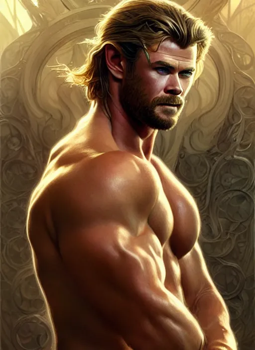 Prompt: chris hemsworth, muscular, fantasy, intricate, elegant, highly detailed, digital painting, artstation, concept art, smooth, sharp focus, illustration, art by artgerm and greg rutkowski and alphonse mucha