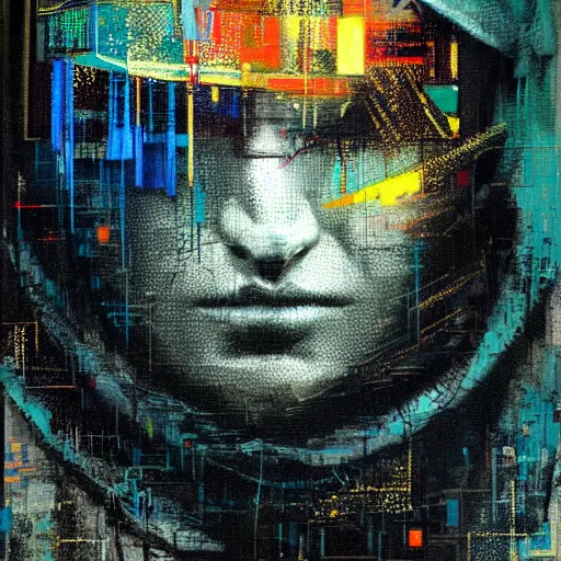 Prompt: portrait of a hooded character wearing a cyberpunk visor, digital ui, by Guy Denning, by Johannes Itten, by Russ Mills, glitch art, hacking effects, glitch effects, chromatic, color blocking, oil on canvas, concept art, abstract