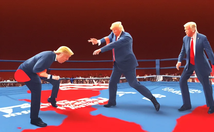 Image similar to a beautiful painting of donald trump and joe biden in a boxing match, cinematic angle, studio lighting, movie concept, trending on artstation, octane render, 8 k, ultra high detail