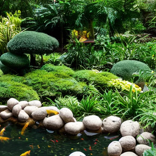 Prompt: popcorn boulders in a jungle landscape, koi pond on the ground