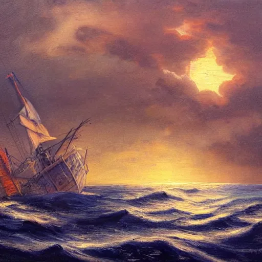 Prompt: a wooden ship in a storm in the ocean, full moon, blue light, oil painting