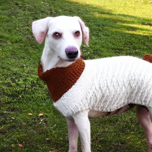 Prompt: photo realistic white and brown danish-Swedish farm dog wearing a knitted sweater, epic,