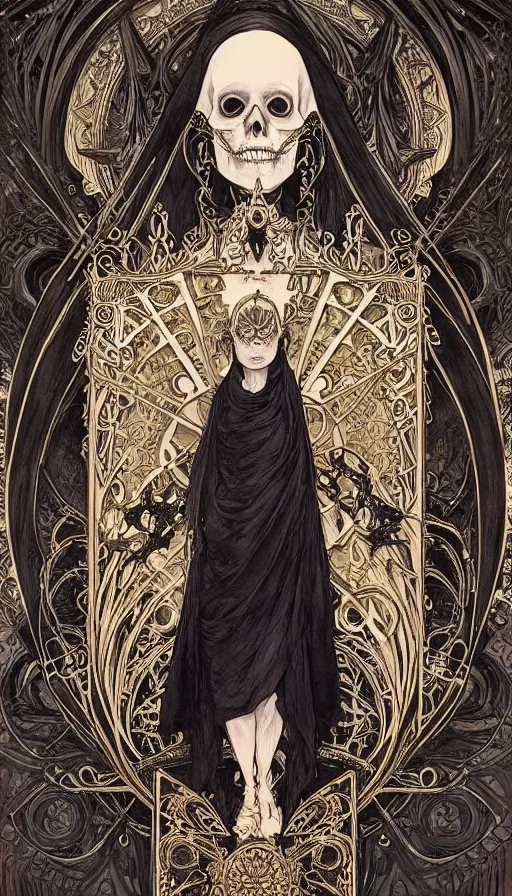 Image similar to a skeleton in a black cloak, highly detailed, very intricate, art nouveau, gold filigree, left right symmetry, tarot concept art watercolor illustration by mandy jurgens and alphonse mucha and alena aenami, featured on artstation