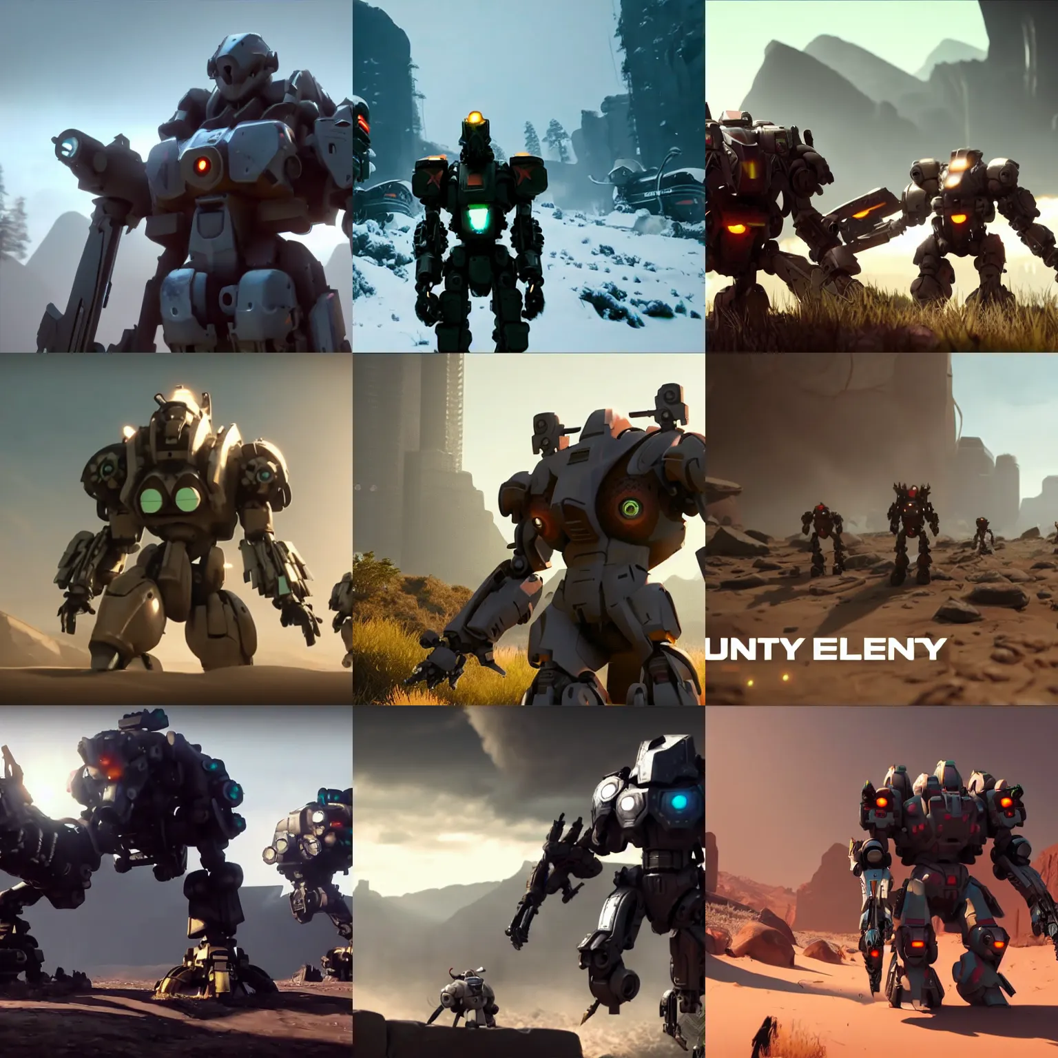 Prompt: cinematic still in 2 0 2 0 unity demo video, no text, mech warrior