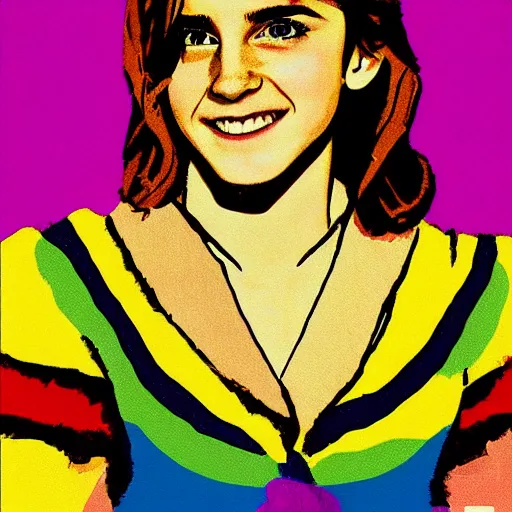 Image similar to rainbow smiling happy emma watson age 1 7 as hermione. pop art.