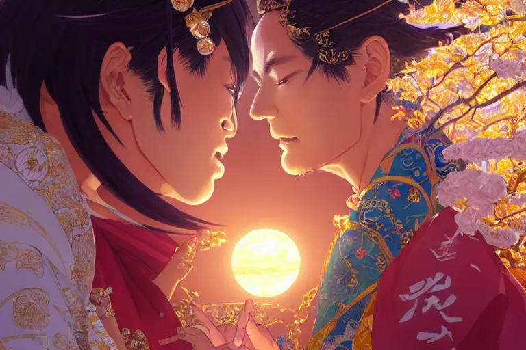 Image similar to close up moment of a divine a japan sun god and a moon goddess lovers magician at a wedding banquet, highly detailed, genshin, fantasy, 4 k realistic, digital painting, trending on artstation, concept art, sharp focus, illustration, art by makoto shinkai and akihiko yoshida and daniel gerhartz