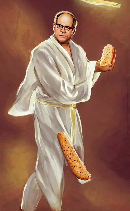 Prompt: george costanza holding a hoagie. he's wearing a flowing bathrobe made of light, airy fabric and he has a mischievous look on his face, dynamic lighting, photorealistic fantasy concept art, trending on art station, stunning visuals, creative, cinematic, ultra detailed