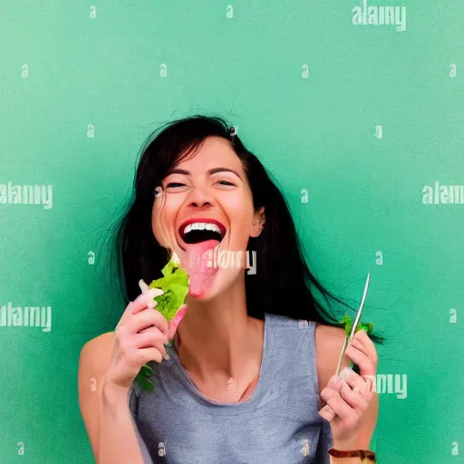 Prompt: alamy stock picture of a woman eating salad and laughing, pastel background, 4k