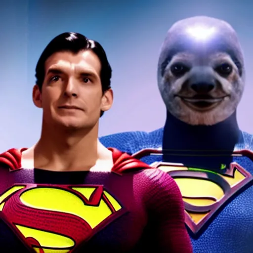 Image similar to movie still of a sloth as superman in superman