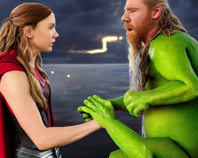 Prompt: a still from the movie Thor: Love and thunder with Kermit the muppet frog playing Thor