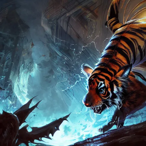 Prompt: bat/tiger, Angry, manic, magic the gathering artwork, horror, D&D, fantasy, cinematic lighting, centered, symmetrical, highly detailed, digital painting, artstation, concept art, smooth, sharp focus, illustration, volumetric lighting, epic Composition, 8k, art by Akihiko Yoshida and Greg Rutkowski and Craig Mullins, oil painting, cgsociety