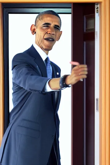 Image similar to a close up photo of obama aggressively opening a door