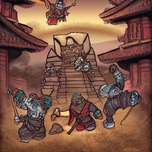 Image similar to a dwarf ninja heroes facing an ancient temple, illustrated by trent kaniuga