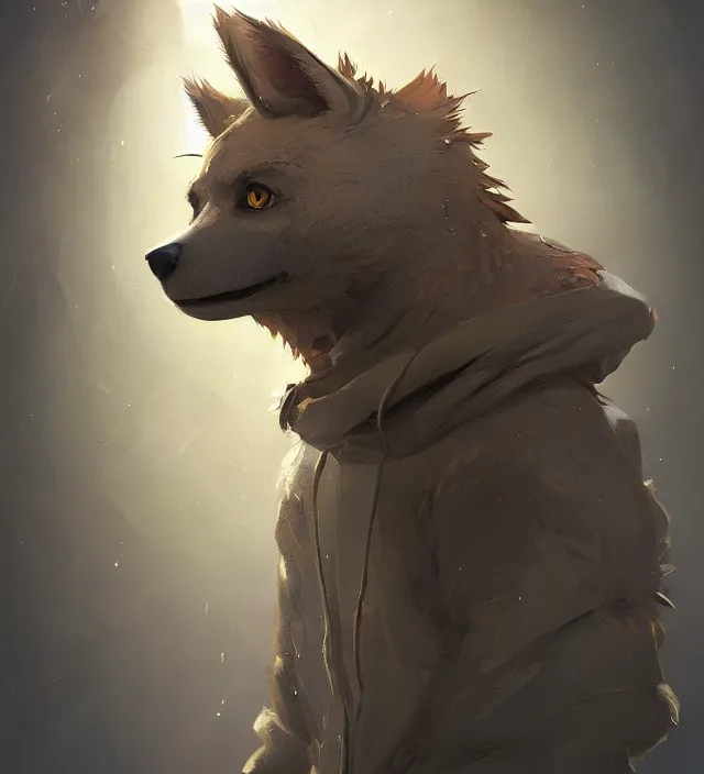 Prompt: a beautiful portrait of a handsome male anthropomorph brown hyena furry fursona wearing a hoodie. character design by cory loftis, fenghua zhong, ryohei hase, ismail inceoglu and ruan jia. artstation, volumetric light, detailed, photorealistic, rendered in octane