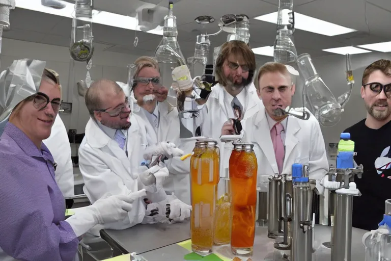 Image similar to recent photograph of reckless!!! whimsical! scientists in a lab inventing a new flavor of soda!!!, presentation, slide show, beakers