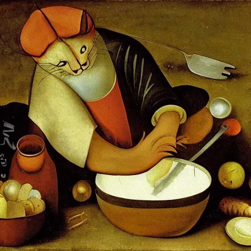 Image similar to the cat cooks soup, stirring a pot with a ladle and cutting vegetables, oil painting, drawn by Bruegel