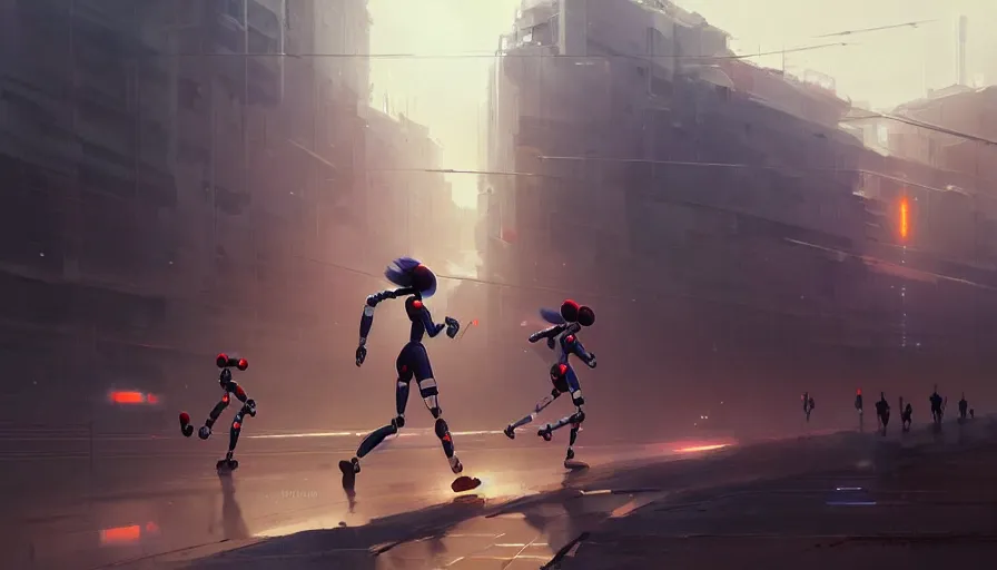 Prompt: running robots in a marathon, digital painting, illustration by artgerm and greg rutkowski and makoto shinkai, artstation