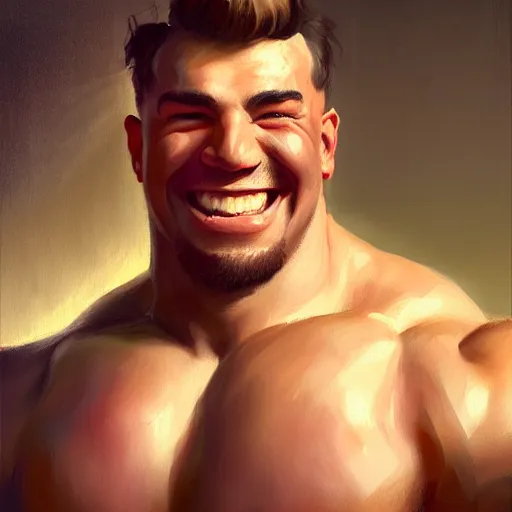 Image similar to portrait painting of a young strongman of 2 5, bright and energetic, with a sweet smile and big muscles, render cinematic lighting art 1 9 2 0 period drama by bussiere rutkowski andreas rocha