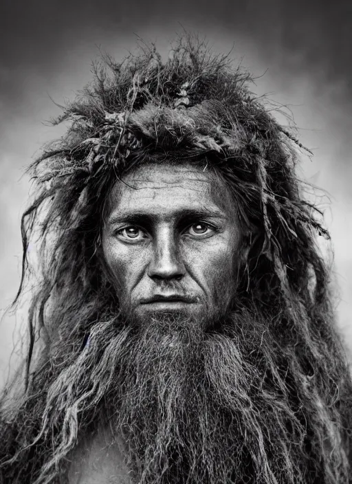 Image similar to Award winning Editorial photo of a Early-medieval Native Liechtensteiners with incredible hair and beautiful hyper-detailed eyes wearing traditional garb by Lee Jeffries, 85mm ND 5, perfect lighting, gelatin silver process