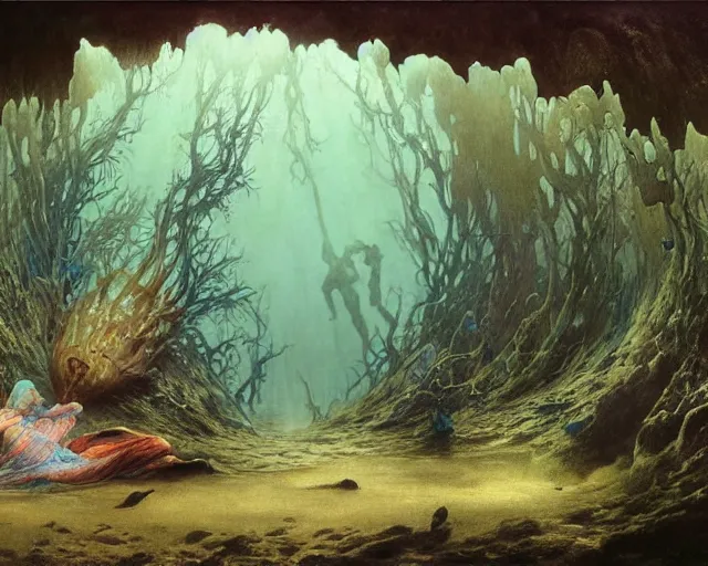 Image similar to the first sight after death, underwater scene, painted by zdzislaw beksinski and artgerm and greg rutkowski and alphonse mucha and rene laloux