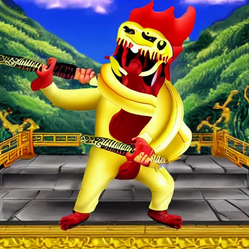 Image similar to Chinese president with bananas weapon, dragon, mountains background, fighting stance