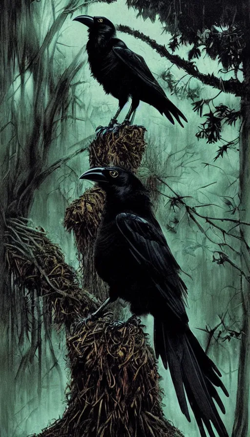 Prompt: a crow in the dark forest, poster art by daniele caruso, benediktus budi, jason edmiston, vc johnson, powell peralta