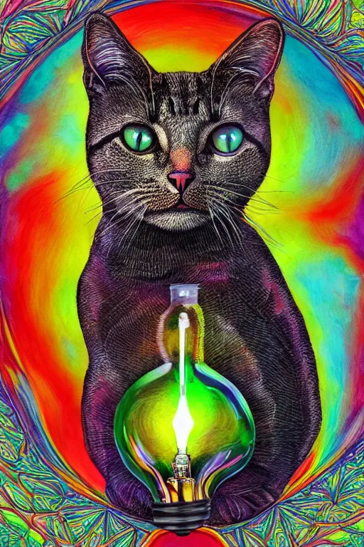 Image similar to portrait of a cat inside a light bulb, modern fine art, dreamscape, intricate, elegant, subsurface scattering, highly detailed, pop art painting, organic acrylic flow art, psychedelic fractal art, acrylic art, watercolor, featured on deviantart, cgsociety