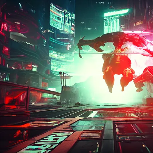 Image similar to cyberpunk lair boss fight, minotaur. cinematic wide shot