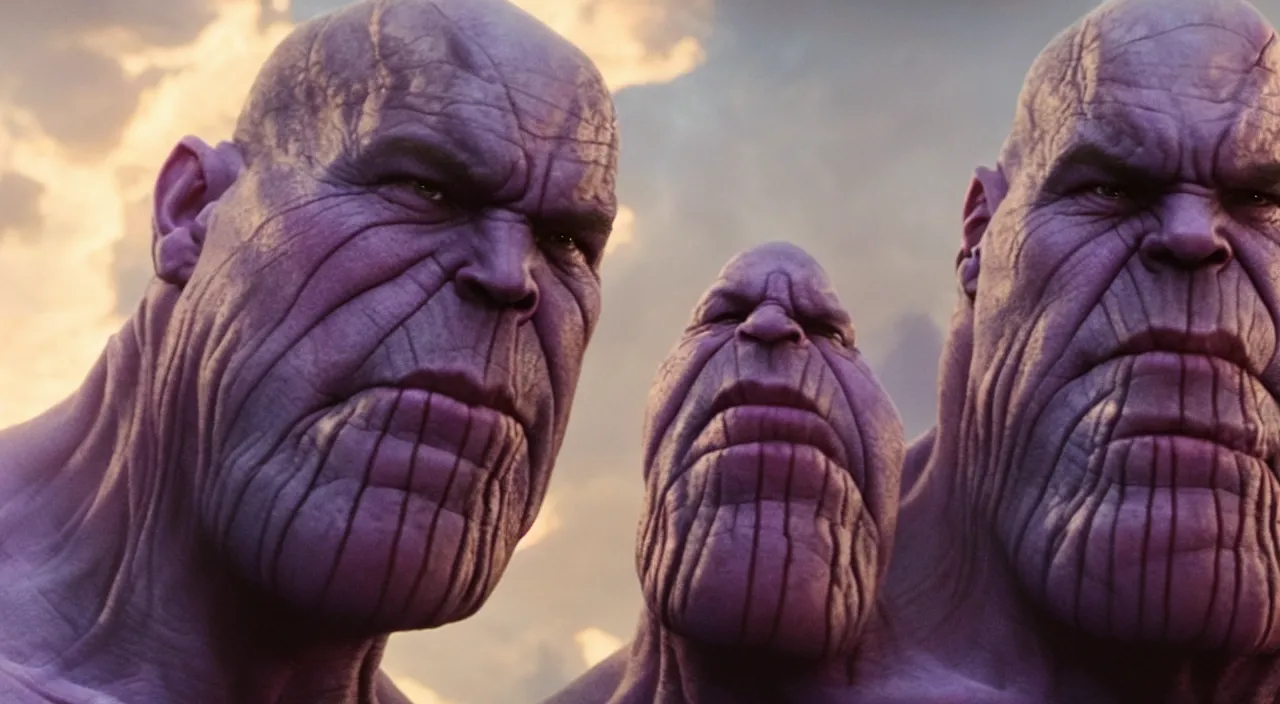 Prompt: Film still of Thanos with two fingers on his mouth with puckered lips and sadly furled eyebrows as he stands leaned over sheepishly awkwardly