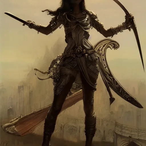 Image similar to artstation concept of a beautiful girl holding a sword in both hands, brown skin, symmetrical face, silver garment, shiny colorful, hyperdetailed, artstation trending, world renowned artists, worth1000.com, historic artworks society, antique renewel, cgsociety, by greg rutkowski, by Gustave Dore, Deviantart