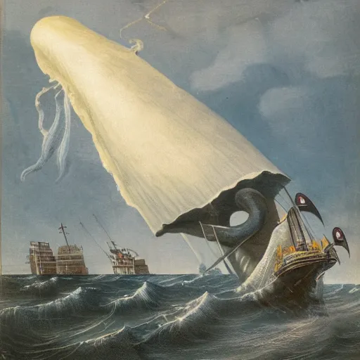 Prompt: a giant squid attacking a ship