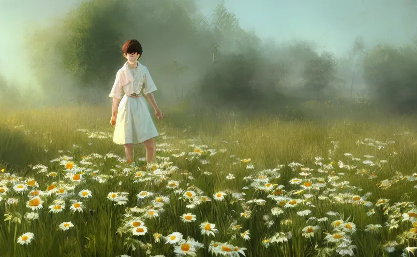 Prompt: cat and daisies, painting by craig mullins, octane rendering, soft morning lighting, wide angle lens, in the style of hayao miyazaki, trending on artstation,