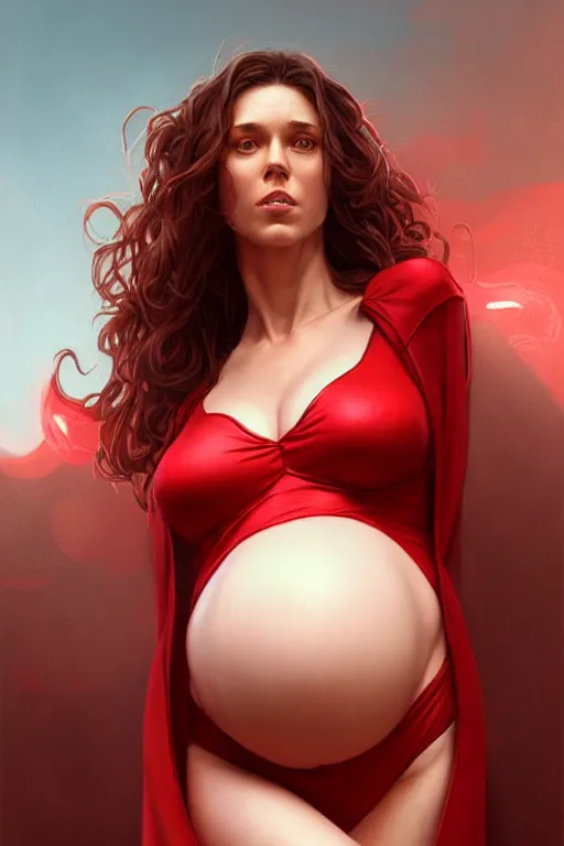 Prompt: pregnant scarlet witch in a red bikini, realistic portrait, symmetrical, highly detailed, digital painting, artstation, concept art, smooth, sharp focus, illustration, cinematic lighting, art by artgerm and greg rutkowski and alphonse mucha