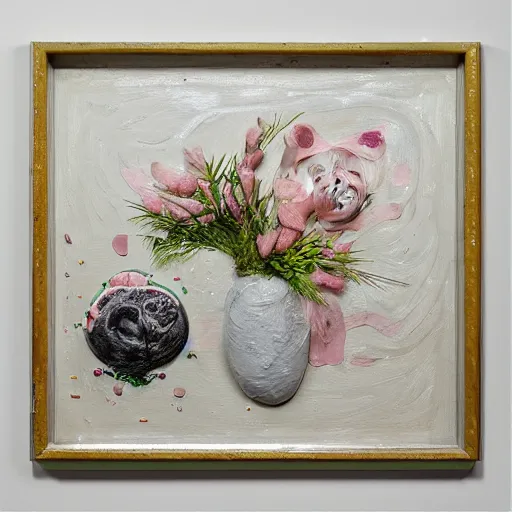 Image similar to “pig paintings and pig sculptures in a pig art gallery, pork, ikebana white flowers, white wax, squashed berries, acrylic and spray paint and oilstick on canvas, by munch and Dali”